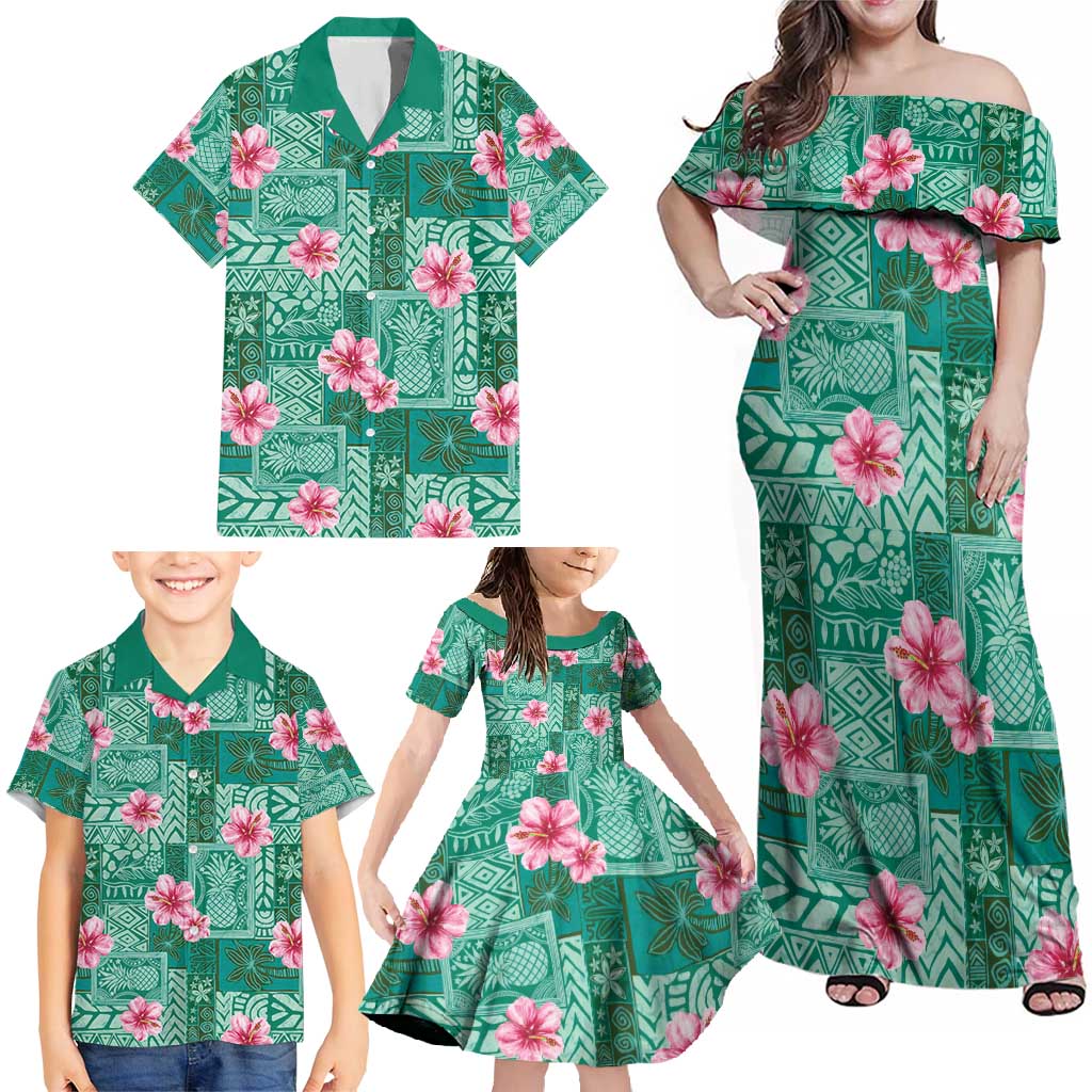 Cyan Hawaii Hibiscus With Tropical Flowers Motifs Family Matching Off Shoulder Maxi Dress and Hawaiian Shirt LT14 - Polynesian Pride