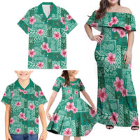 Cyan Hawaii Hibiscus With Tropical Flowers Motifs Family Matching Off Shoulder Maxi Dress and Hawaiian Shirt LT14 - Polynesian Pride