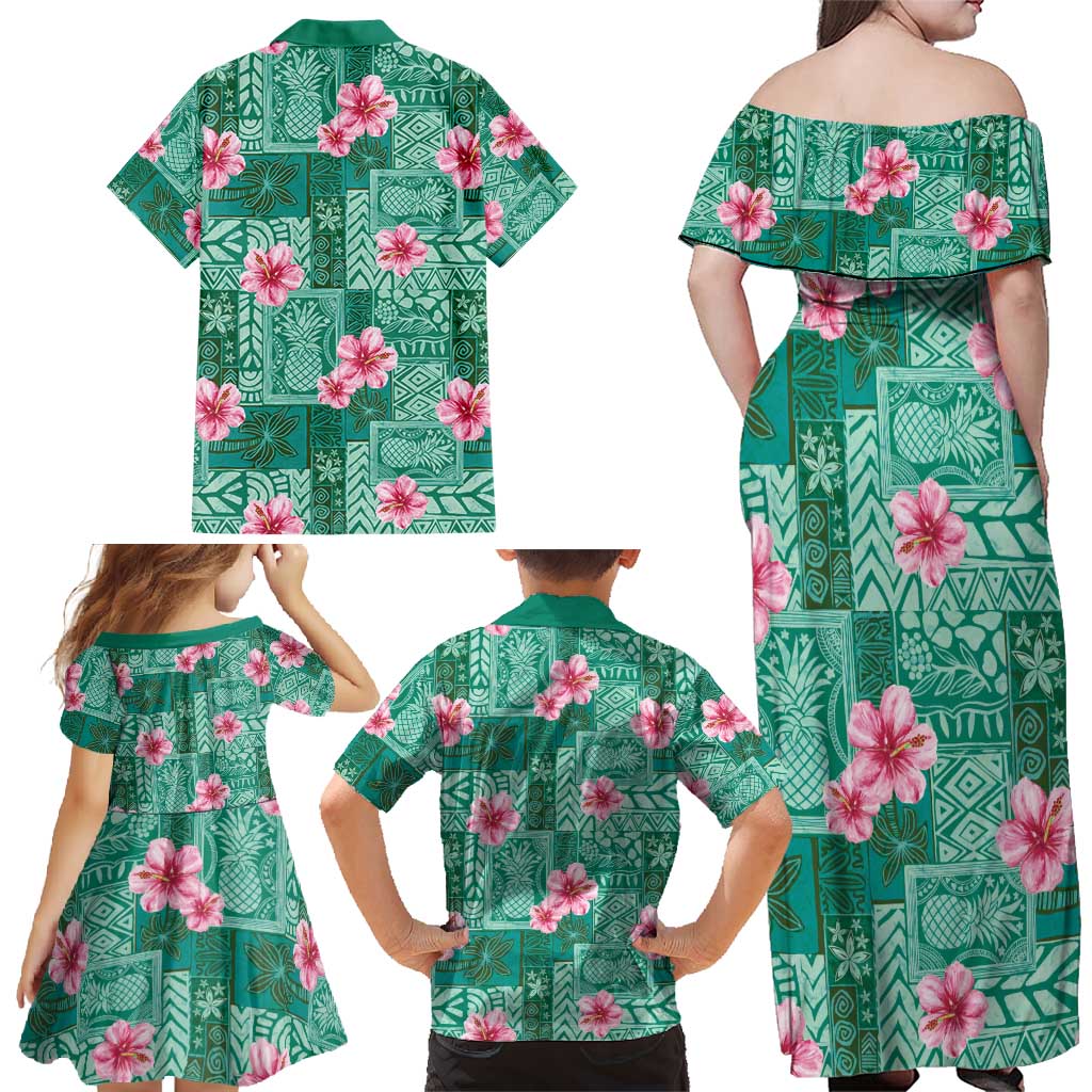 Cyan Hawaii Hibiscus With Tropical Flowers Motifs Family Matching Off Shoulder Maxi Dress and Hawaiian Shirt LT14 - Polynesian Pride