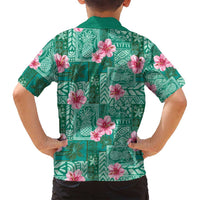 Cyan Hawaii Hibiscus With Tropical Flowers Motifs Family Matching Off Shoulder Short Dress and Hawaiian Shirt LT14 - Polynesian Pride