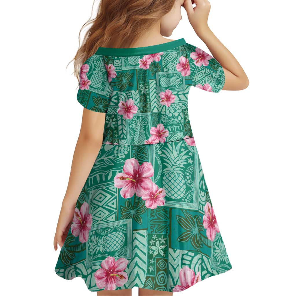Cyan Hawaii Hibiscus With Tropical Flowers Motifs Family Matching Off Shoulder Short Dress and Hawaiian Shirt LT14 - Polynesian Pride