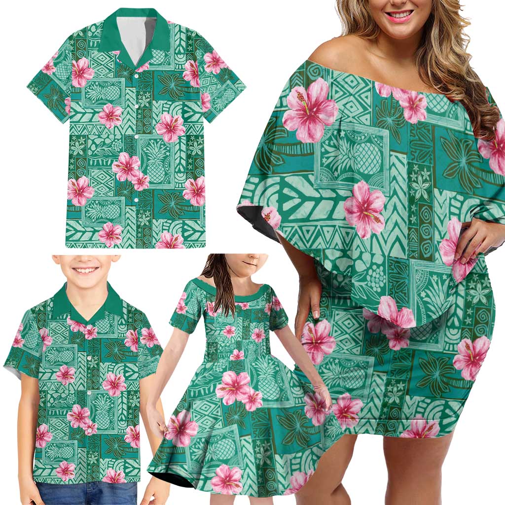 Cyan Hawaii Hibiscus With Tropical Flowers Motifs Family Matching Off Shoulder Short Dress and Hawaiian Shirt LT14 - Polynesian Pride