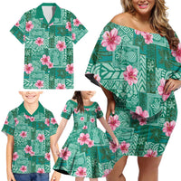 Cyan Hawaii Hibiscus With Tropical Flowers Motifs Family Matching Off Shoulder Short Dress and Hawaiian Shirt LT14 - Polynesian Pride