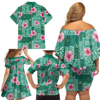 Cyan Hawaii Hibiscus With Tropical Flowers Motifs Family Matching Off Shoulder Short Dress and Hawaiian Shirt LT14 - Polynesian Pride