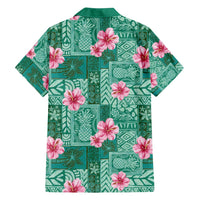 Cyan Hawaii Hibiscus With Tropical Flowers Motifs Family Matching Off Shoulder Short Dress and Hawaiian Shirt LT14 - Polynesian Pride