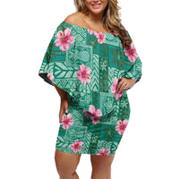 Cyan Hawaii Hibiscus With Tropical Flowers Motifs Family Matching Off Shoulder Short Dress and Hawaiian Shirt LT14 Mom's Dress Cyan - Polynesian Pride