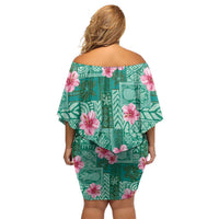 Cyan Hawaii Hibiscus With Tropical Flowers Motifs Family Matching Off Shoulder Short Dress and Hawaiian Shirt LT14 - Polynesian Pride