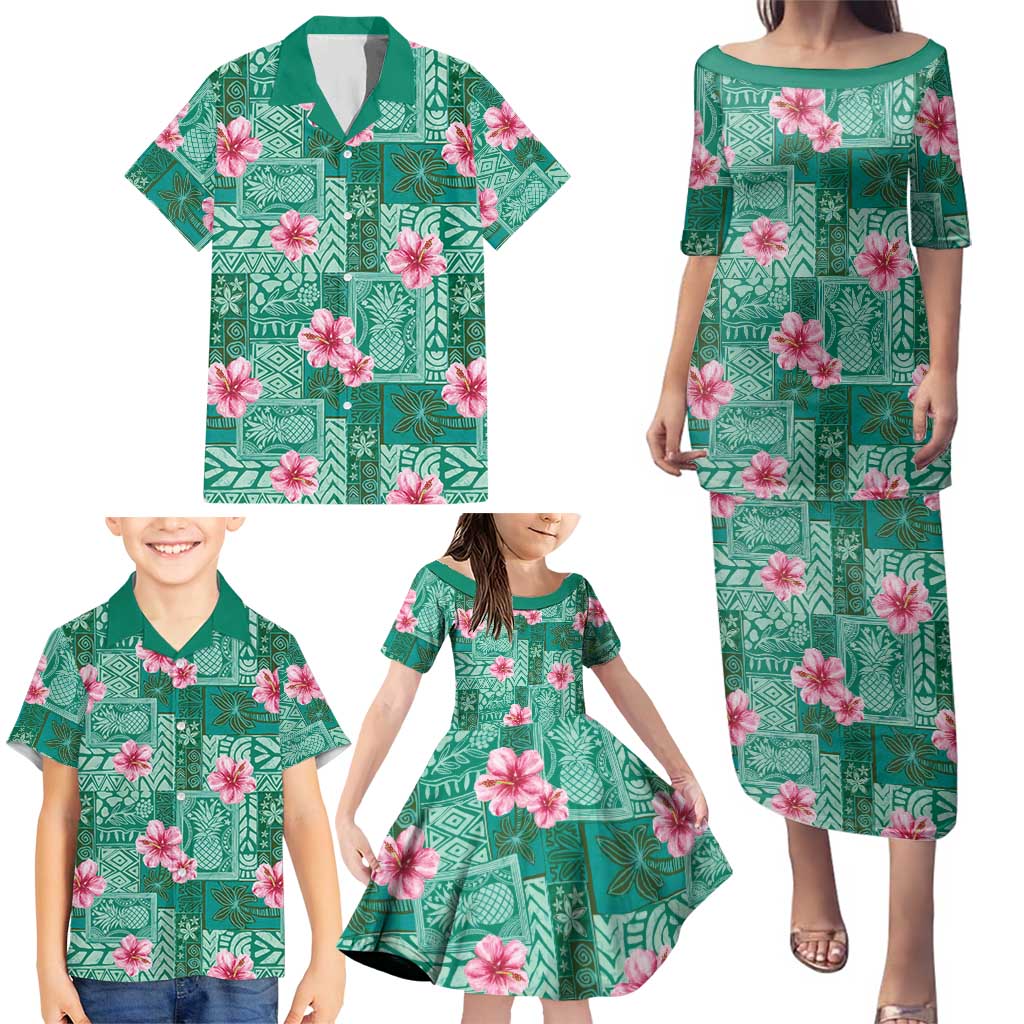 Cyan Hawaii Hibiscus With Tropical Flowers Motifs Family Matching Puletasi and Hawaiian Shirt LT14 - Polynesian Pride