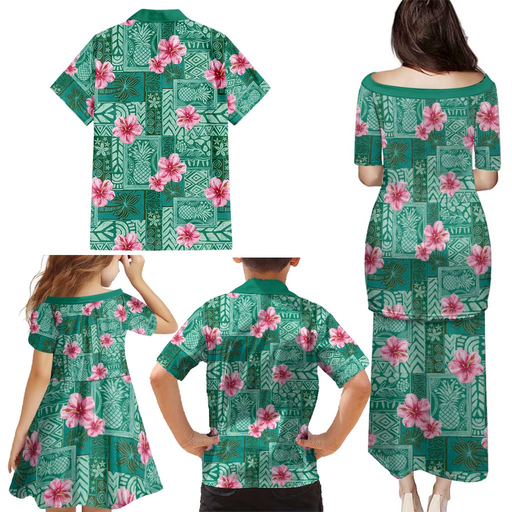 Cyan Hawaii Hibiscus With Tropical Flowers Motifs Family Matching Puletasi and Hawaiian Shirt LT14 - Polynesian Pride