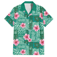 Cyan Hawaii Hibiscus With Tropical Flowers Motifs Family Matching Puletasi and Hawaiian Shirt LT14 Dad's Shirt - Short Sleeve Cyan - Polynesian Pride