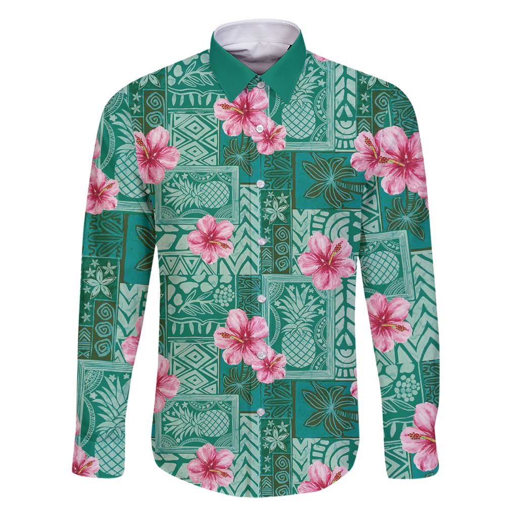 Cyan Hawaii Hibiscus With Tropical Flowers Motifs Family Matching Puletasi and Hawaiian Shirt LT14 Dad's Shirt - Long Sleeve Cyan - Polynesian Pride