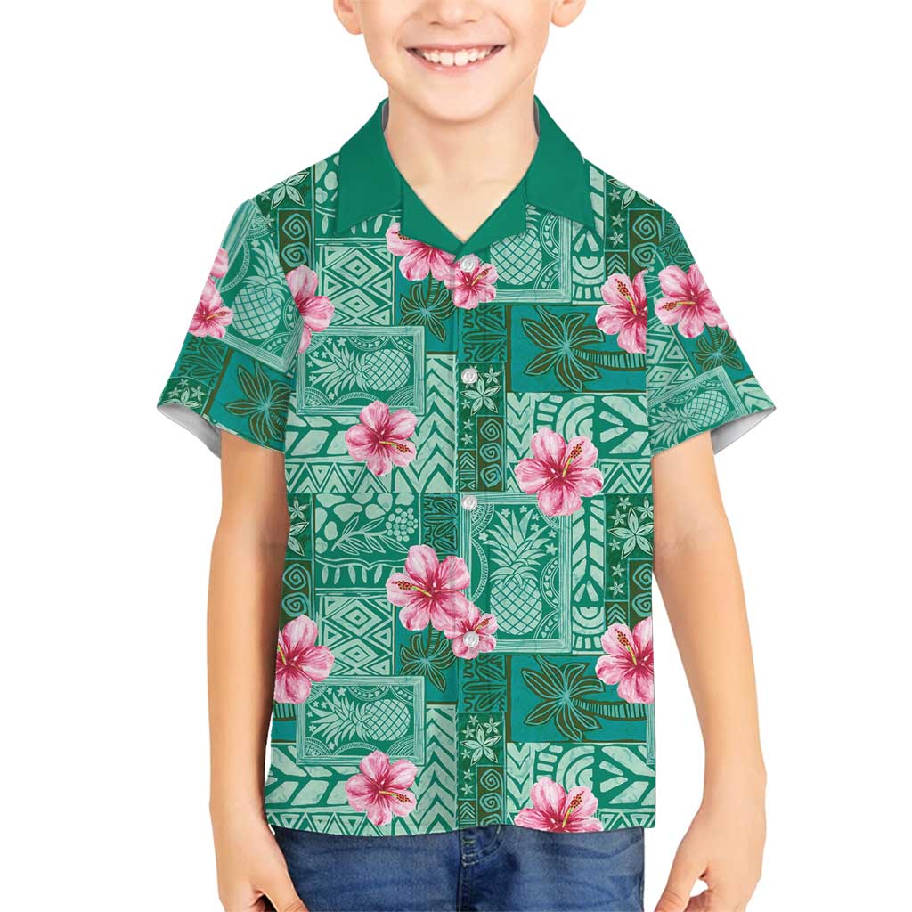 Cyan Hawaii Hibiscus With Tropical Flowers Motifs Family Matching Puletasi and Hawaiian Shirt LT14 Son's Shirt Cyan - Polynesian Pride