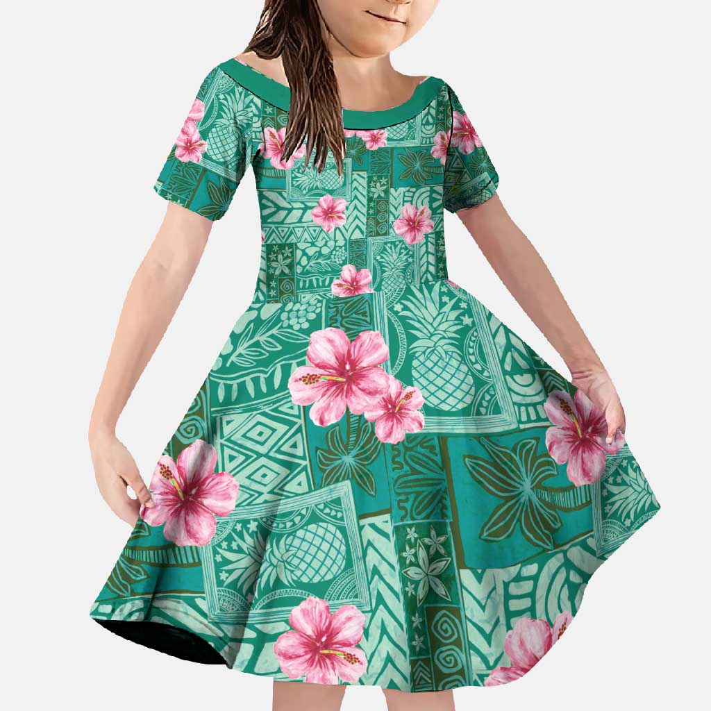 Cyan Hawaii Hibiscus With Tropical Flowers Motifs Family Matching Short Sleeve Bodycon Dress and Hawaiian Shirt LT14 Daughter's Dress Cyan - Polynesian Pride