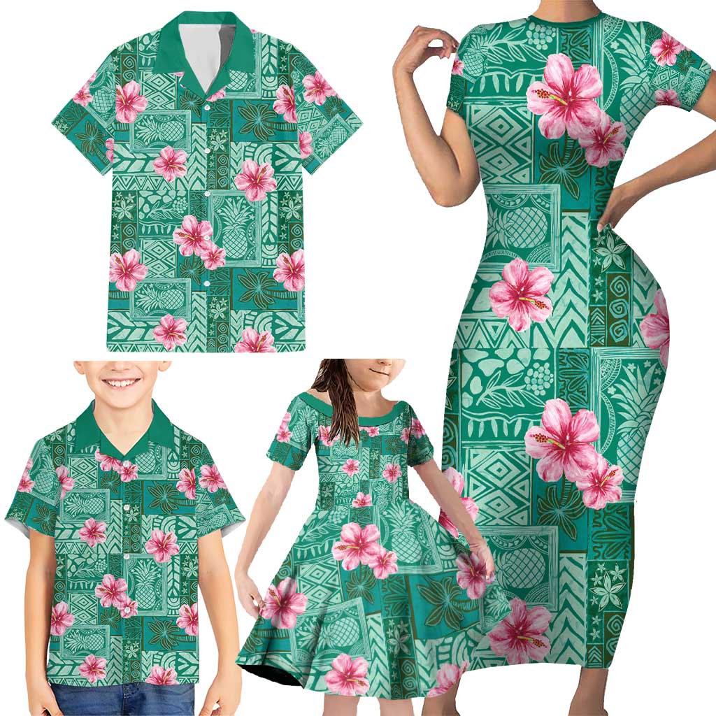 Cyan Hawaii Hibiscus With Tropical Flowers Motifs Family Matching Short Sleeve Bodycon Dress and Hawaiian Shirt LT14 - Polynesian Pride