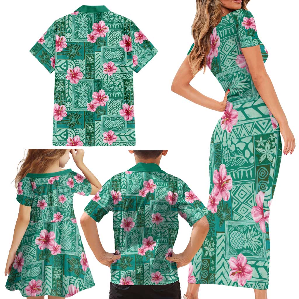 Cyan Hawaii Hibiscus With Tropical Flowers Motifs Family Matching Short Sleeve Bodycon Dress and Hawaiian Shirt LT14 - Polynesian Pride