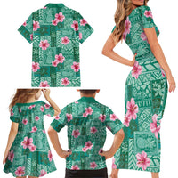 Cyan Hawaii Hibiscus With Tropical Flowers Motifs Family Matching Short Sleeve Bodycon Dress and Hawaiian Shirt LT14 - Polynesian Pride
