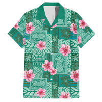 Cyan Hawaii Hibiscus With Tropical Flowers Motifs Family Matching Short Sleeve Bodycon Dress and Hawaiian Shirt LT14 Dad's Shirt - Short Sleeve Cyan - Polynesian Pride