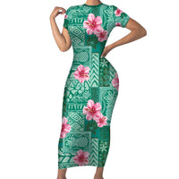 Cyan Hawaii Hibiscus With Tropical Flowers Motifs Family Matching Short Sleeve Bodycon Dress and Hawaiian Shirt LT14 Mom's Dress Cyan - Polynesian Pride