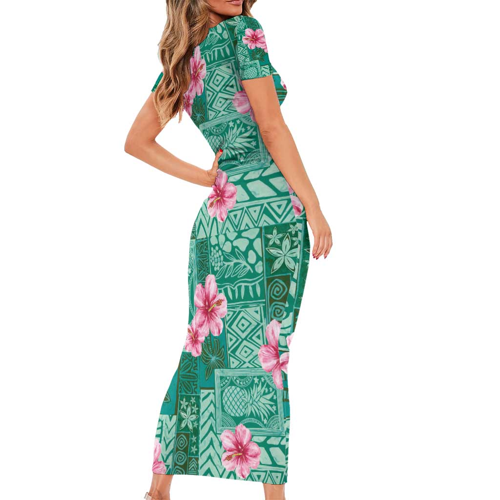 Cyan Hawaii Hibiscus With Tropical Flowers Motifs Family Matching Short Sleeve Bodycon Dress and Hawaiian Shirt LT14 - Polynesian Pride