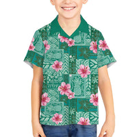 Cyan Hawaii Hibiscus With Tropical Flowers Motifs Family Matching Short Sleeve Bodycon Dress and Hawaiian Shirt LT14 Son's Shirt Cyan - Polynesian Pride