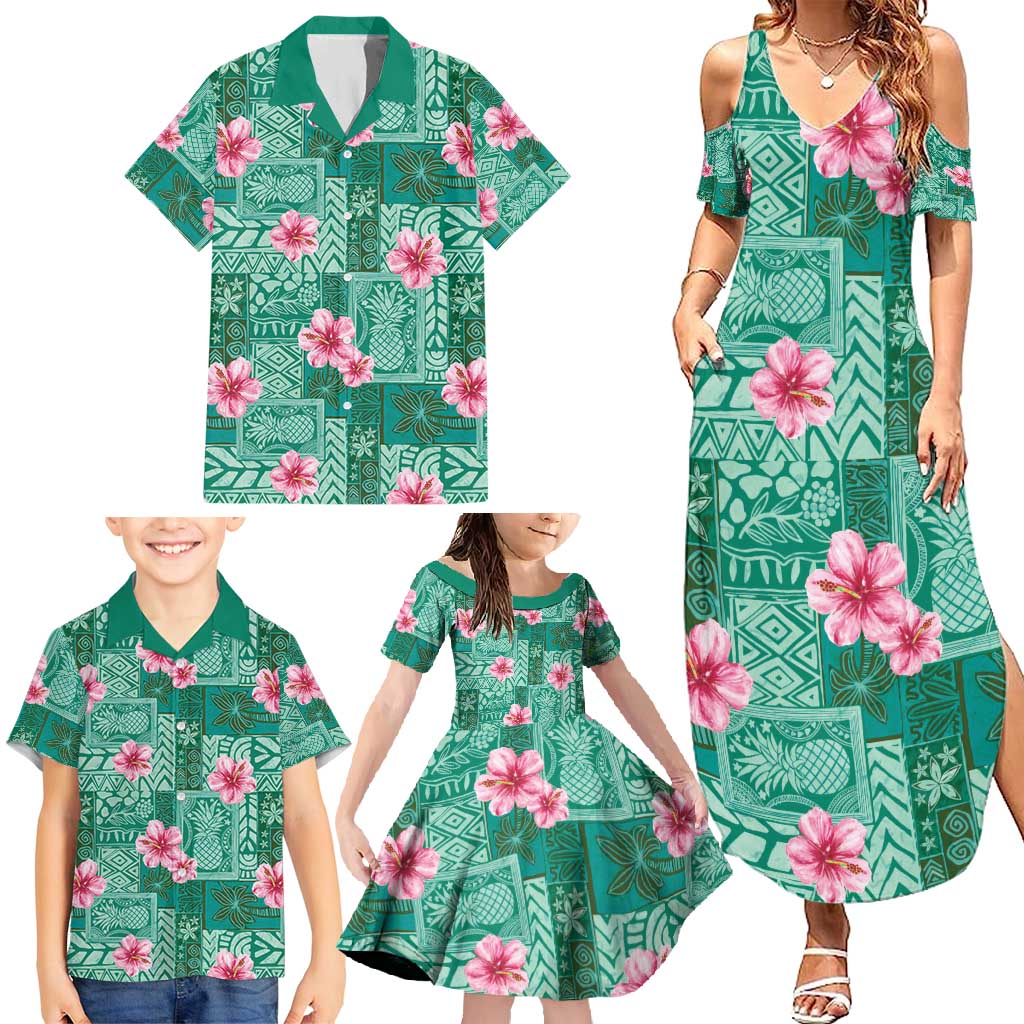 Cyan Hawaii Hibiscus With Tropical Flowers Motifs Family Matching Summer Maxi Dress and Hawaiian Shirt LT14 - Polynesian Pride