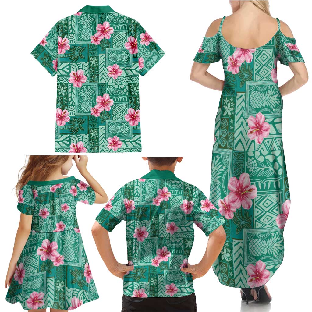 Cyan Hawaii Hibiscus With Tropical Flowers Motifs Family Matching Summer Maxi Dress and Hawaiian Shirt LT14 - Polynesian Pride