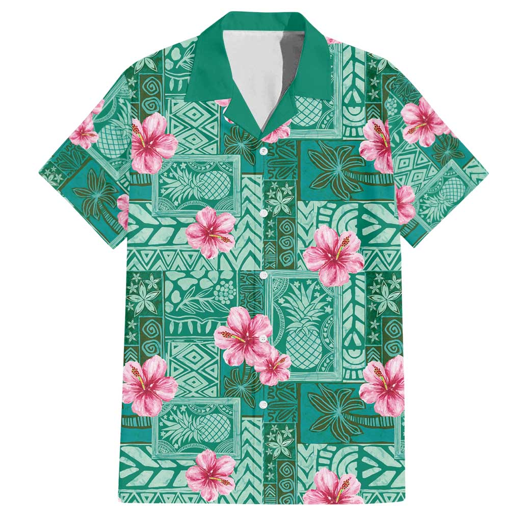 Cyan Hawaii Hibiscus With Tropical Flowers Motifs Family Matching Summer Maxi Dress and Hawaiian Shirt LT14 Dad's Shirt - Short Sleeve Cyan - Polynesian Pride