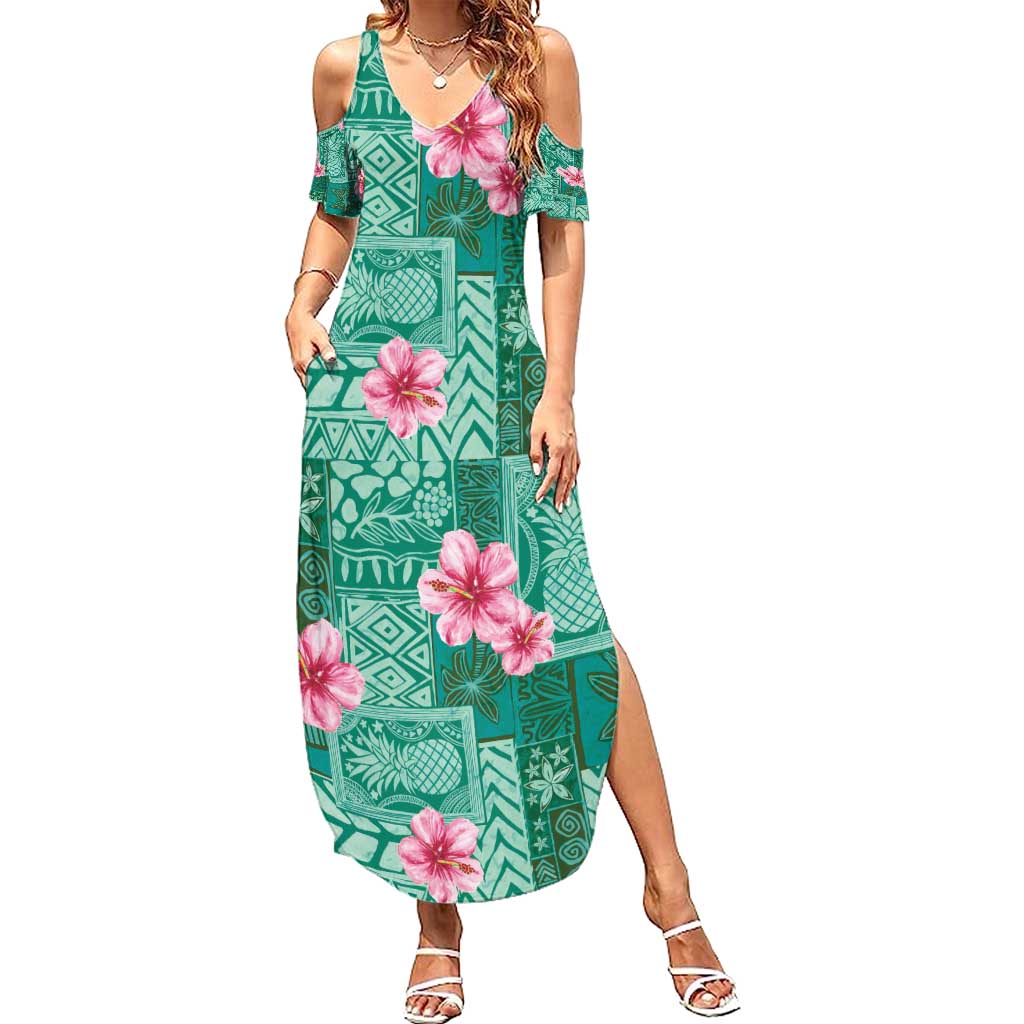 Cyan Hawaii Hibiscus With Tropical Flowers Motifs Family Matching Summer Maxi Dress and Hawaiian Shirt LT14 Mom's Dress Cyan - Polynesian Pride