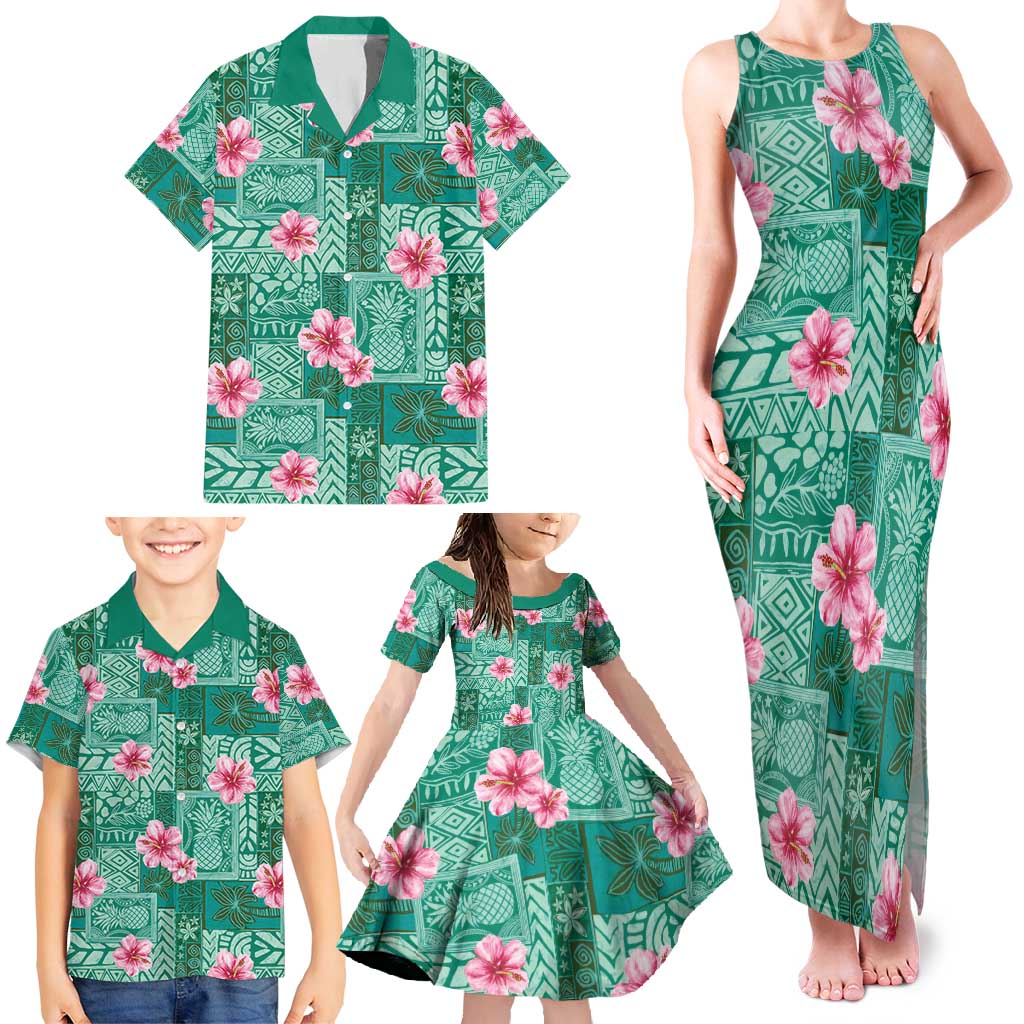 Cyan Hawaii Hibiscus With Tropical Flowers Motifs Family Matching Tank Maxi Dress and Hawaiian Shirt LT14 - Polynesian Pride