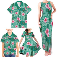Cyan Hawaii Hibiscus With Tropical Flowers Motifs Family Matching Tank Maxi Dress and Hawaiian Shirt LT14 - Polynesian Pride
