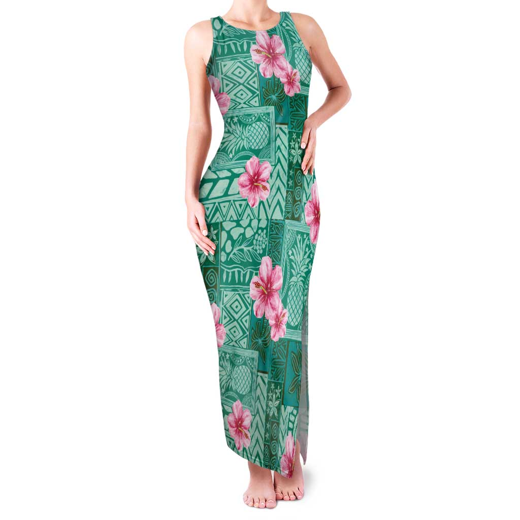 Cyan Hawaii Hibiscus With Tropical Flowers Motifs Family Matching Tank Maxi Dress and Hawaiian Shirt LT14 Mom's Dress Cyan - Polynesian Pride