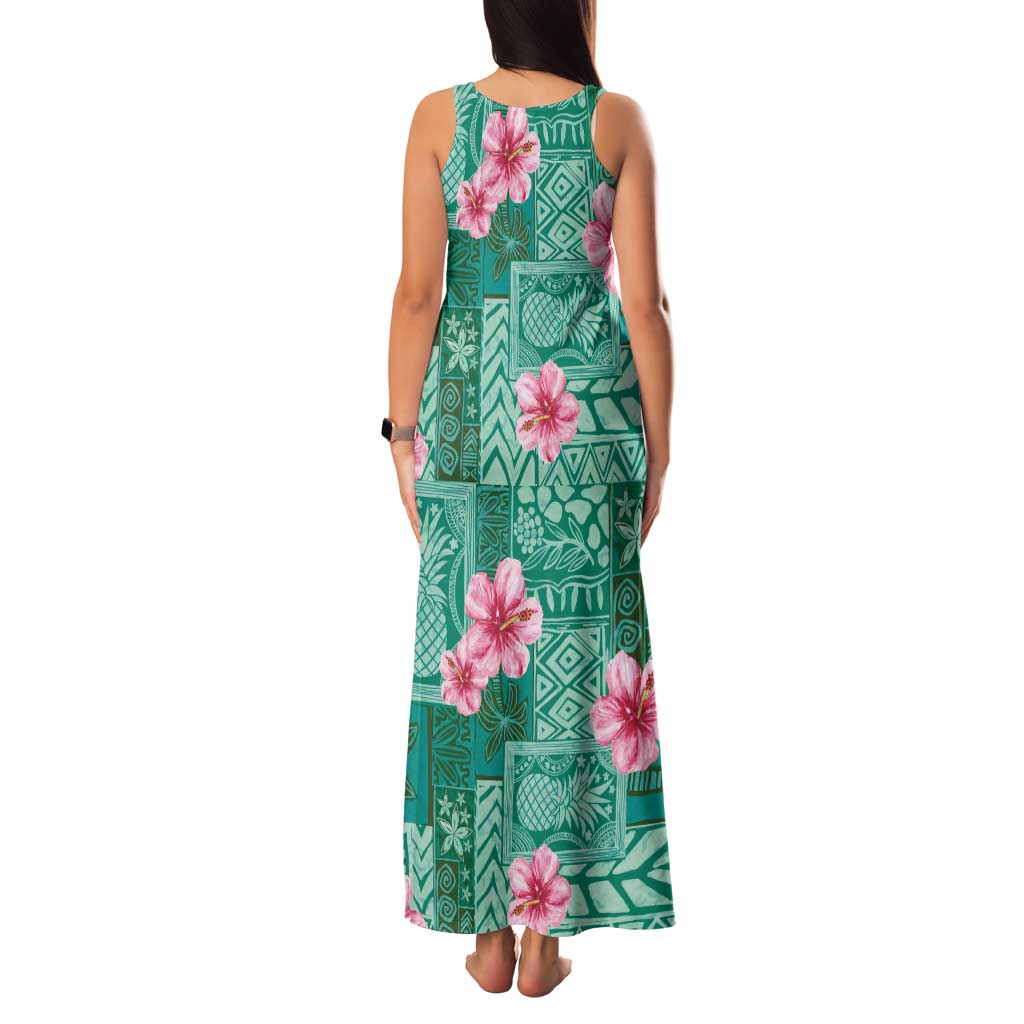 Cyan Hawaii Hibiscus With Tropical Flowers Motifs Family Matching Tank Maxi Dress and Hawaiian Shirt LT14 - Polynesian Pride