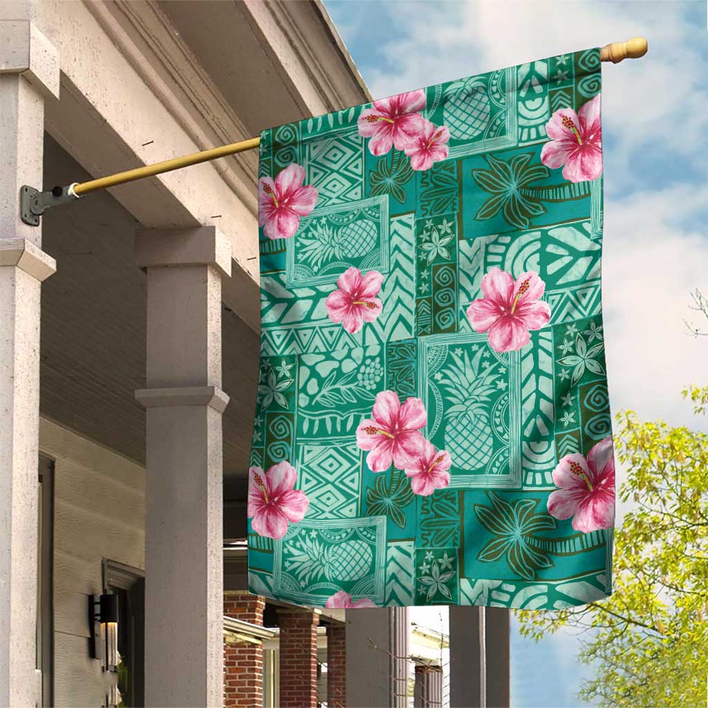 Cyan Hawaii Hibiscus With Tropical Flowers Motifs Garden Flag LT14 House Flag Cyan - Polynesian Pride