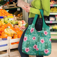Cyan Hawaii Hibiscus With Tropical Flowers Motifs Grocery Bag - Polynesian Pride