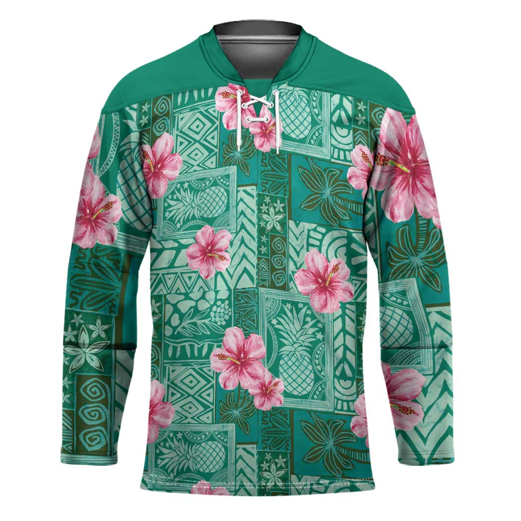Cyan Hawaii Hibiscus With Tropical Flowers Motifs Hockey Jersey - Polynesian Pride
