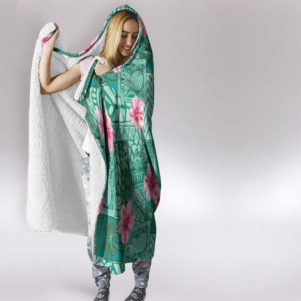 Cyan Hawaii Hibiscus With Tropical Flowers Motifs Hooded Blanket - Polynesian Pride