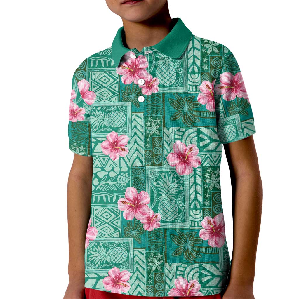 Cyan Hawaii Hibiscus With Tropical Flowers Motifs Kid Polo Shirt LT14 Kid Cyan - Polynesian Pride