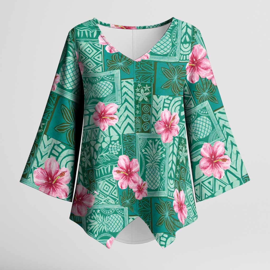 Cyan Hawaii Hibiscus With Tropical Flowers Motifs Kimono Sleeve Blouse LT14 Female Cyan - Polynesian Pride