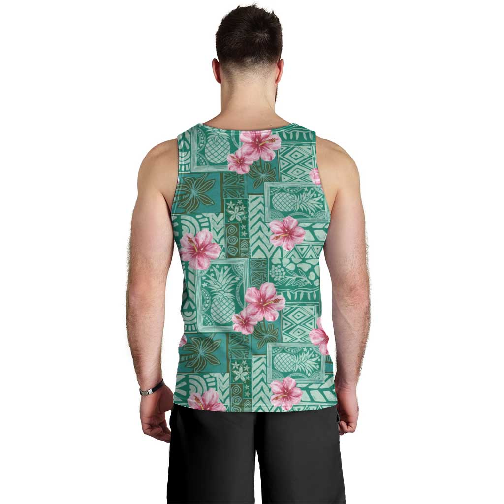 Cyan Hawaii Hibiscus With Tropical Flowers Motifs Men Tank Top LT14 - Polynesian Pride