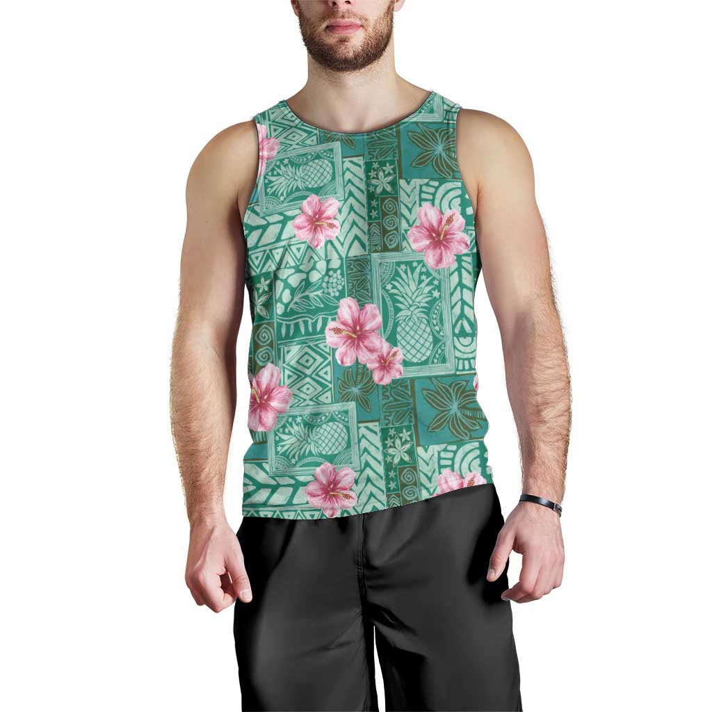 Cyan Hawaii Hibiscus With Tropical Flowers Motifs Men Tank Top LT14 - Polynesian Pride