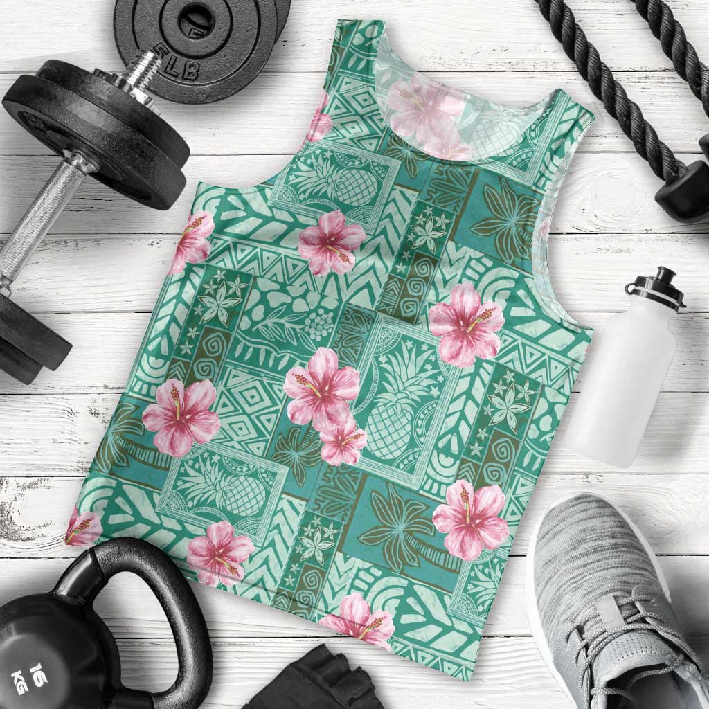 Cyan Hawaii Hibiscus With Tropical Flowers Motifs Men Tank Top LT14 - Polynesian Pride
