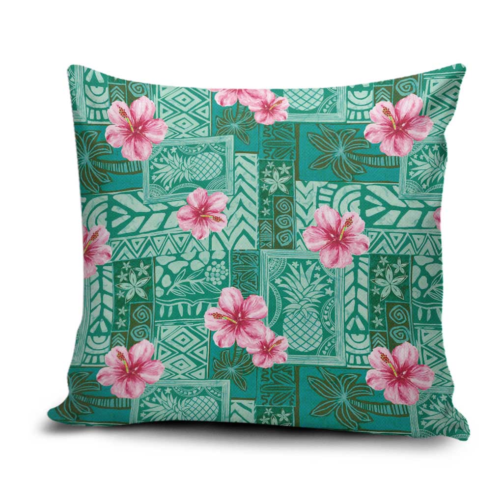 Cyan Hawaii Hibiscus With Tropical Flowers Motifs Pillow Cover LT14 Cyan - Polynesian Pride