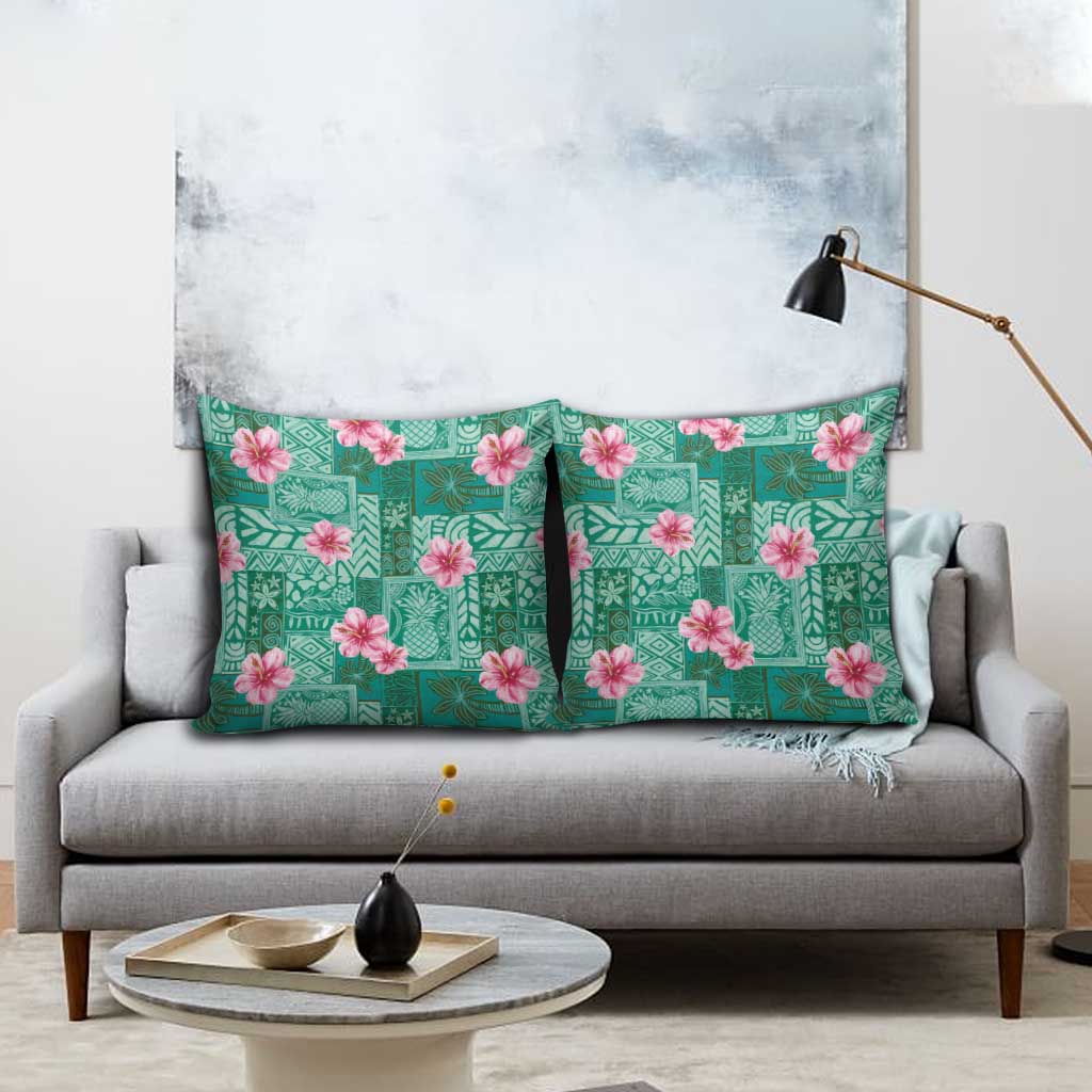 Cyan Hawaii Hibiscus With Tropical Flowers Motifs Pillow Cover LT14 - Polynesian Pride