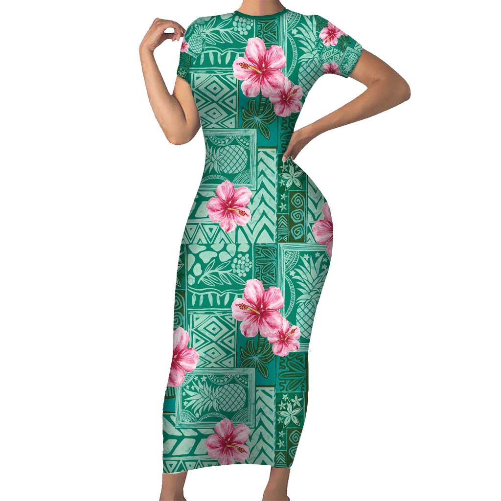 Cyan Hawaii Hibiscus With Tropical Flowers Motifs Short Sleeve Bodycon Dress LT14 Long Dress Cyan - Polynesian Pride