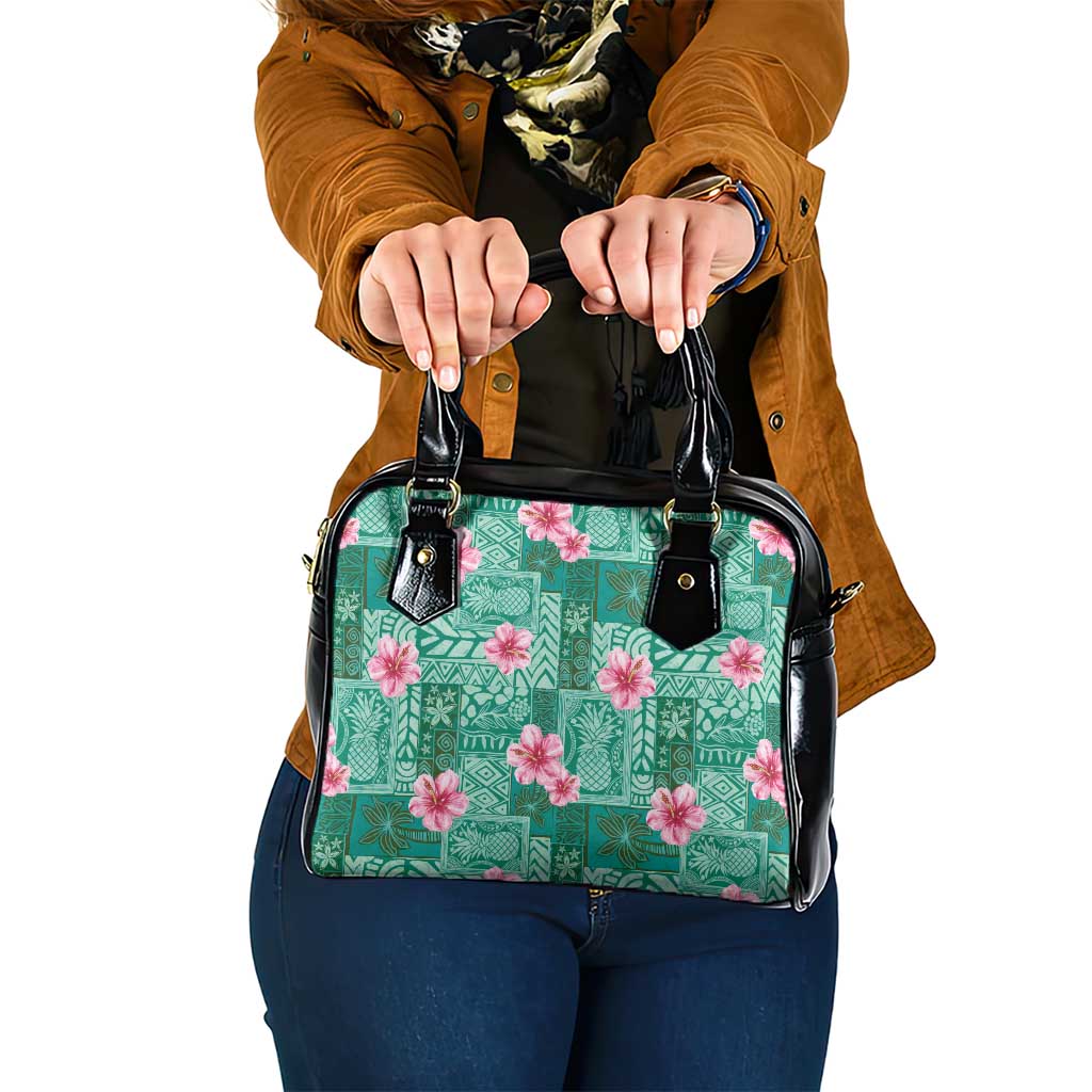 Cyan Hawaii Hibiscus With Tropical Flowers Motifs Shoulder Handbag LT14 One Size Cyan - Polynesian Pride