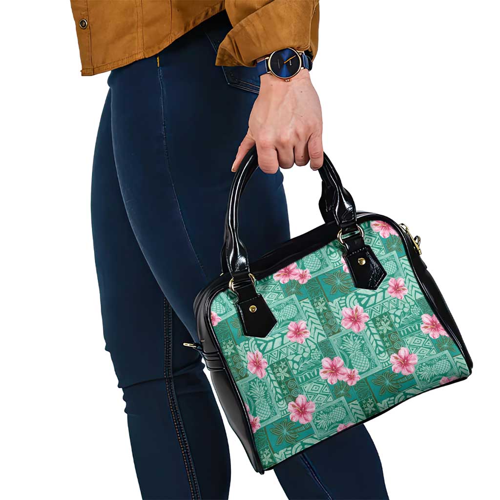 Cyan Hawaii Hibiscus With Tropical Flowers Motifs Shoulder Handbag LT14 - Polynesian Pride