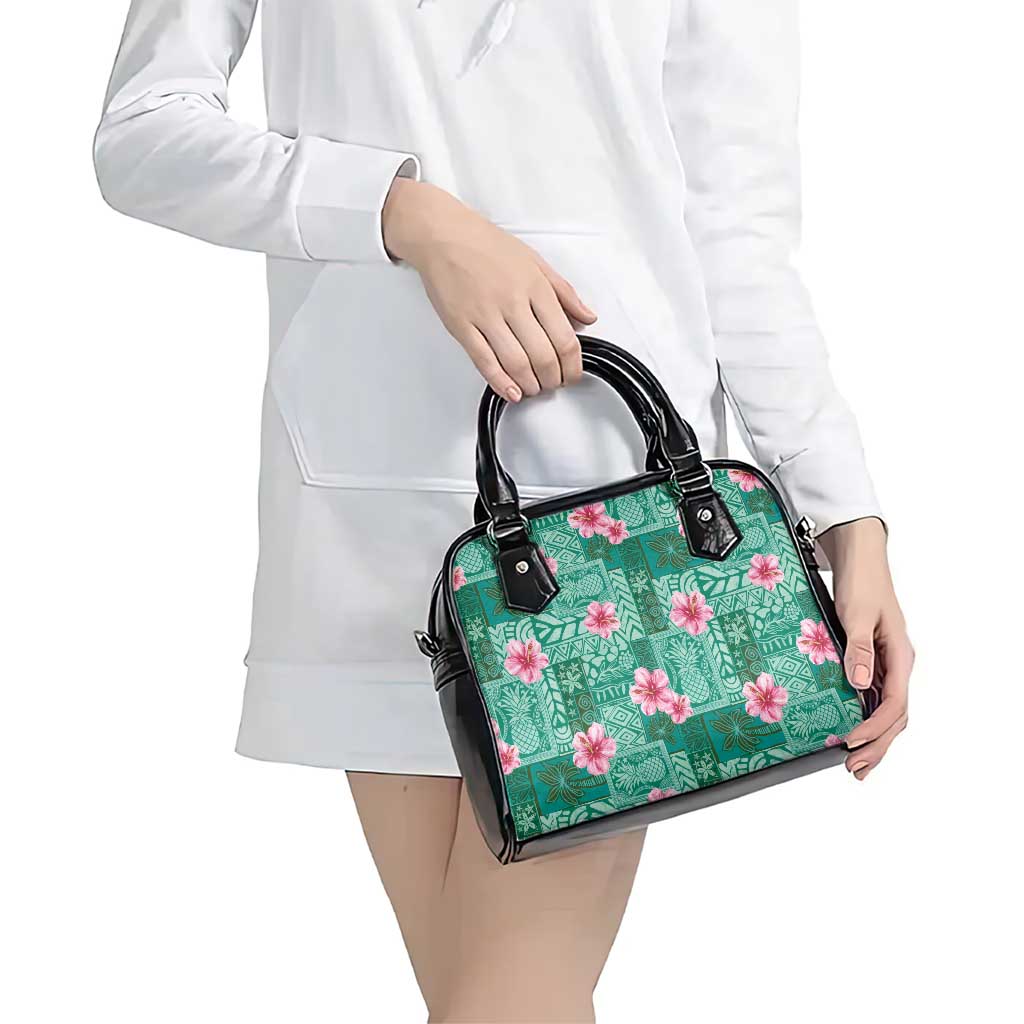 Cyan Hawaii Hibiscus With Tropical Flowers Motifs Shoulder Handbag LT14 - Polynesian Pride