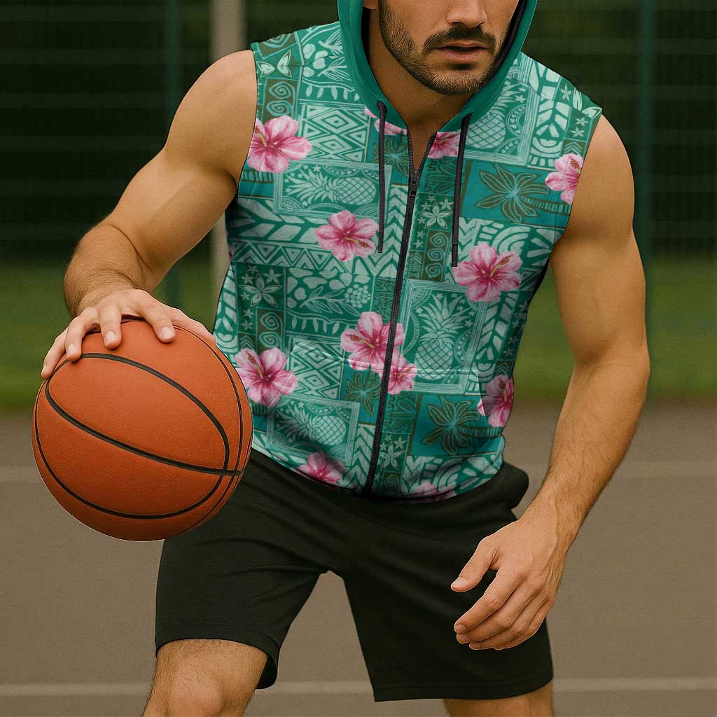 Cyan Hawaii Hibiscus With Tropical Flowers Motifs Sleeveless Zip Hoodie - Polynesian Pride