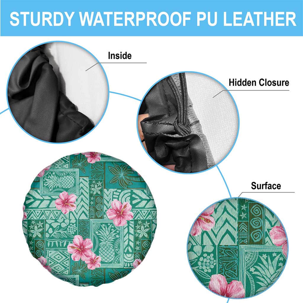 Cyan Hawaii Hibiscus With Tropical Flowers Motifs Spare Tire Cover - Polynesian Pride