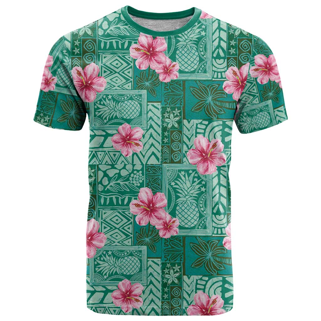 Cyan Hawaii Hibiscus With Tropical Flowers Motifs T Shirt LT14 Cyan - Polynesian Pride